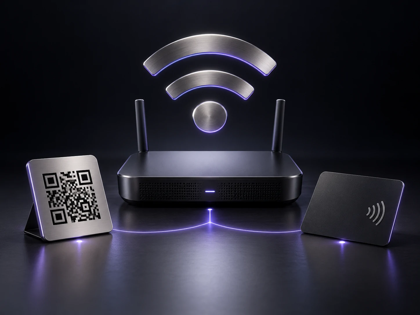 A Wi-Fi router alongside a QR plaque and an NFC card.