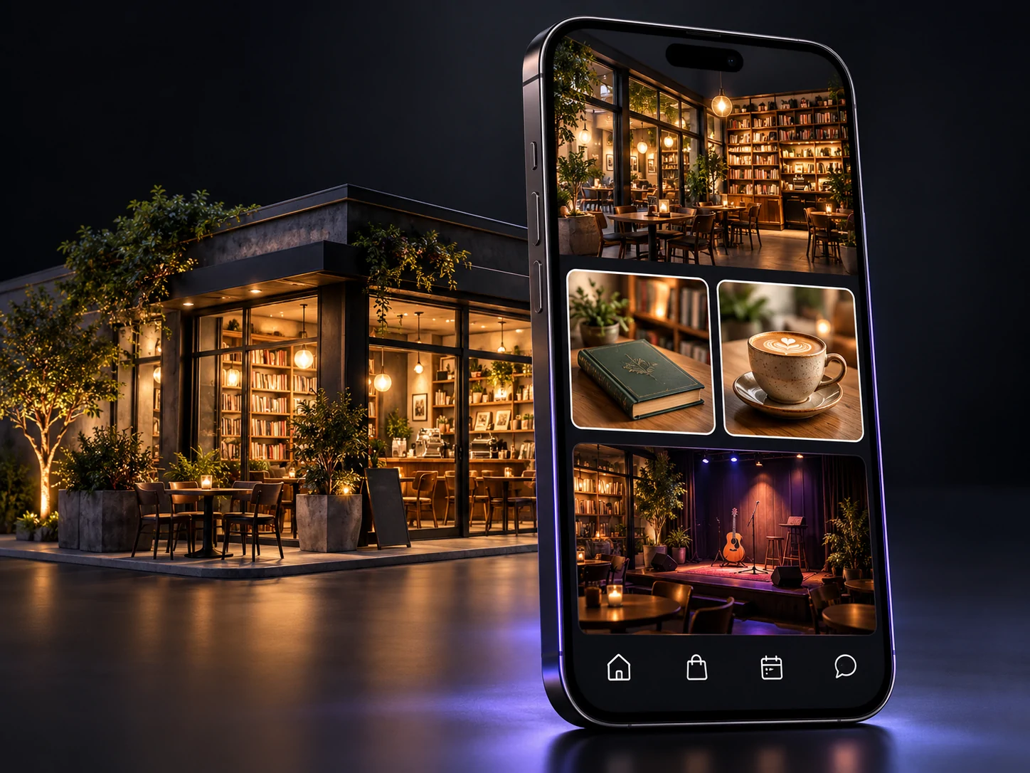 A phone showing a place’s digital page beside a model of the real place.